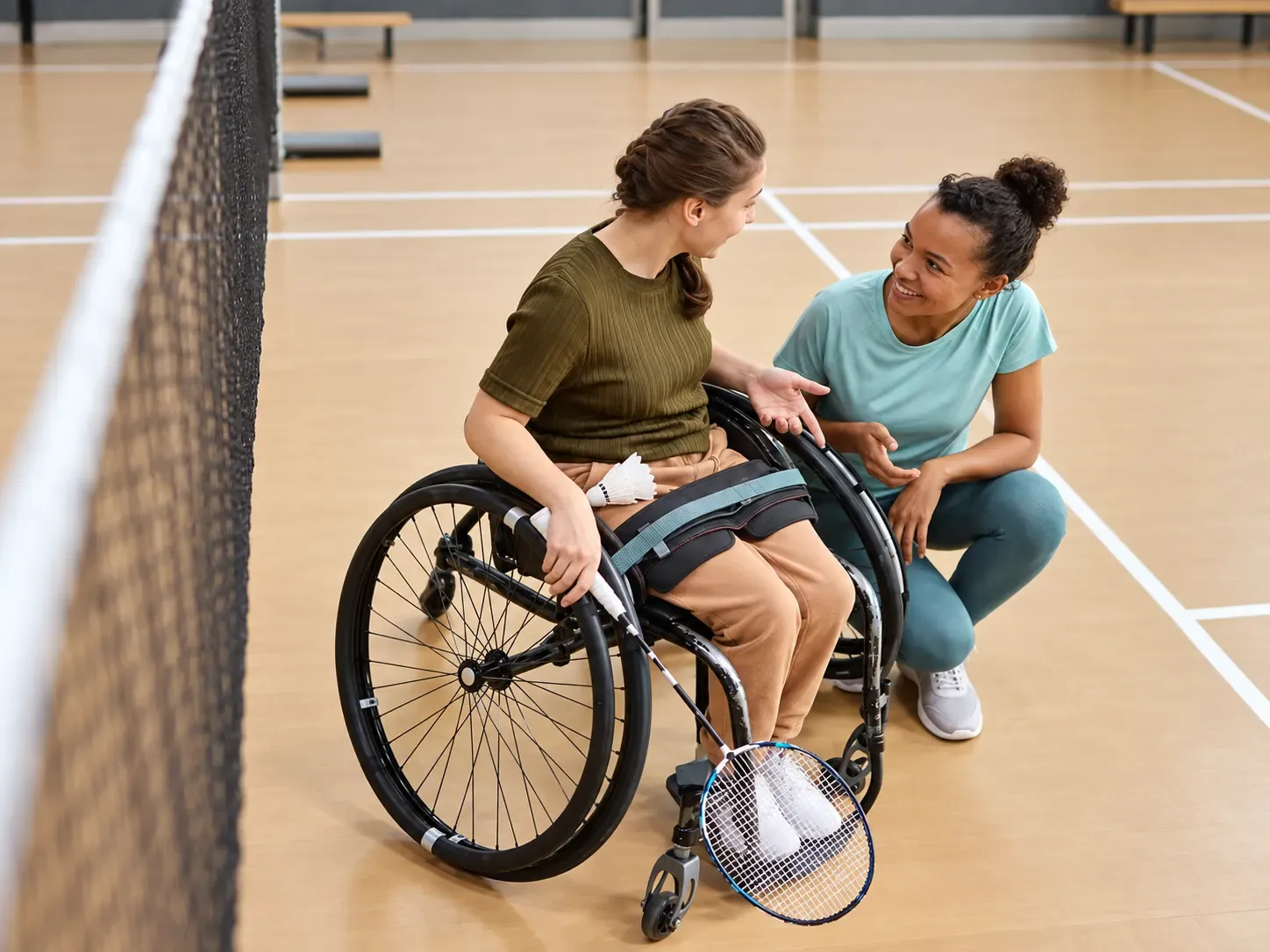 Zwei Frauen auf einem Badmintonplatz, eine von ihnen sitzt in einem Sportrollstuhl.